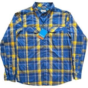 Columbia OmniWick Long Sleeve Plaid Button-Down Shirt Med Blue Yellow Grey NWT